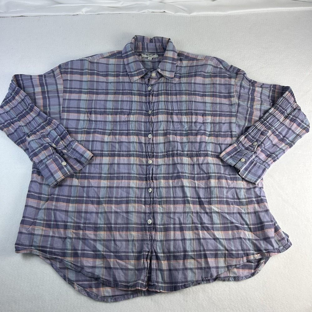 Women's Madewell Button Down Shirt Medium Purple Plaid Cotton Long Sleeve